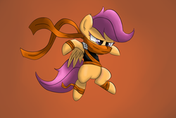 Size: 1500x1000 | Tagged: safe, artist:deoix, scootaloo, g4, clothes, female, glare, jumping, ninja, scarf, solo, spread wings