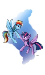 Size: 548x913 | Tagged: safe, artist:gabbstuff, rainbow dash, twilight sparkle, alicorn, pony, g4, female, flying, lesbian, mare, ship:twidash, shipping, twilight sparkle (alicorn)