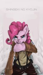 Size: 1000x1750 | Tagged: safe, artist:insanitylittlered, pinkie pie, earth pony, semi-anthro, g4, attack on titan, female, parody, solo, titan shifter