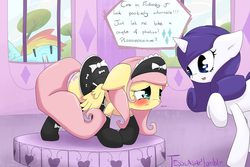 Size: 1280x853 | Tagged: safe, artist:tesslashy, fluttershy, rainbow dash, rarity, g4, blood, blushing, carousel boutique, clothes, cute, dress, female, fluttermaid, lesbian, maid, nosebleed, peeping, reacting to nudity, ship:flarity, ship:flutterdash, shipping, shyabetes, stupid sexy fluttershy