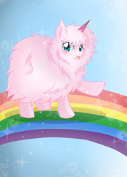Size: 609x851 | Tagged: safe, artist:derpsonhooves, artist:stephu-art, oc, oc only, oc:fluffle puff, pony, pink fluffy unicorns dancing on rainbows, 2013, fake horn, female, rainbow, solo, tongue out