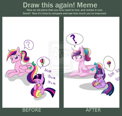 Size: 1024x977 | Tagged: safe, artist:derpsonhooves, princess cadance, twilight sparkle, g4, before and after, draw this again, filly, younger