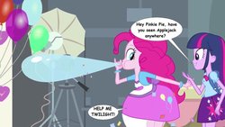 Size: 1024x576 | Tagged: safe, artist:voreediter, edit, edited screencap, screencap, applejack, pinkie pie, twilight sparkle, equestria girls, g4, my little pony equestria girls, balloon, blowing up balloons, comic sans, dialogue, implied applejack, pinkie pred, preyjack, vore