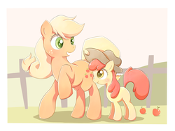 Size: 1024x768 | Tagged: safe, artist:raibo, apple bloom, applejack, g4, accessory swap, pixiv