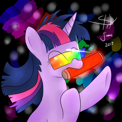 Size: 4000x4000 | Tagged: dead source, safe, artist:djslit, artist:don-ko, twilight sparkle, pony, unicorn, g4, eyes closed, female, glowstick, hat, mare, mouth hold, neon, party, rave, solo, sunglasses, trace, unicorn twilight