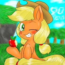 Size: 500x500 | Tagged: safe, artist:wonton soup, applejack, g4, apple, female, obligatory apple, smiling, solo, wink