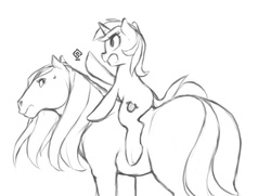 Size: 780x566 | Tagged: safe, artist:soulspade, lyra heartstrings, horse, g4, grayscale, horse-pony interaction, monochrome, ponies riding horses, ponies riding ponies, riding
