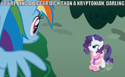 Size: 873x541 | Tagged: safe, edit, edited screencap, screencap, rainbow dash, rarity, g4, suited for success, bathrobe, clothes, darling, ei, grammar error, hub logo, meme, robe, superdickery