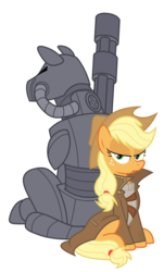 Size: 1353x2246 | Tagged: safe, artist:vanripper, applejack, oc, oc:steelhooves, earth pony, pony, fallout equestria, g4, applejack is not amused, applejack's hat, applesnack, armor, back to back, canon x oc, clothes, cowboy hat, fanfic, fanfic art, female, gun, hat, hooves, jacket, machine gun, male, mare, ministry mares, ministry of wartime technology, power armor, simple background, sitting, stallion, steel ranger, transparent background, unamused, vector, weapon