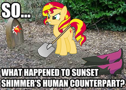 Size: 464x334 | Tagged: safe, sunset shimmer, pony, unicorn, equestria girls, g4, boots, buried, caption, female, grave, gravestone, implied death, implied murder, mare, meta, ponies in real life, question, shovel, theory