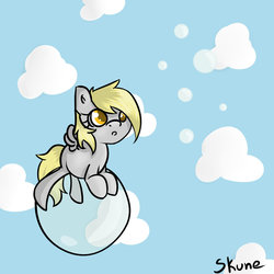 Size: 900x900 | Tagged: safe, artist:skune, derpy hooves, pegasus, pony, g4, :o, bubble, cloud, cloudy, cute, female, floating, mare, prone, solo