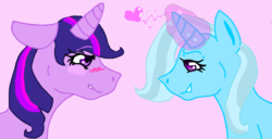 Size: 1250x638 | Tagged: safe, artist:elisagarrret, trixie, twilight sparkle, g4, blushing, female, lesbian, ship:twixie, shipping