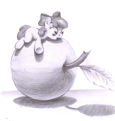 Size: 1086x1150 | Tagged: safe, artist:cannibalus, apple bloom, earth pony, pony, g4, apple, female, giant apple, micro, monochrome, solo, tiny ponies, traditional art