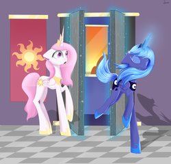 Size: 2043x1962 | Tagged: safe, artist:lairai, princess celestia, princess luna, g4, crying, door, magic, pink-mane celestia, sad, shocked, younger