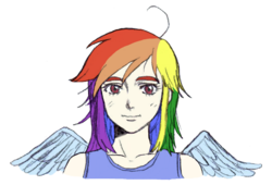 Size: 910x618 | Tagged: safe, artist:asdf314159265, rainbow dash, human, g4, female, humanized, solo, winged humanization