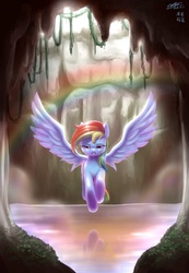Size: 1611x2334 | Tagged: safe, artist:mrs1989, rainbow dash, g4, cave, female, rainbow, reflection, solo, water