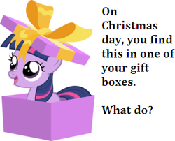 Size: 310x250 | Tagged: safe, bronybait, christmas, cute, filly, present, text