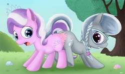 Size: 1850x1100 | Tagged: safe, artist:mcsadat, diamond tiara, silver spoon, earth pony, pony, g4, bubblegum, bump bump sugar lump rump, butt to butt, butt touch, duo, female, filly, foal, stuck, stuck together, this will end in a long walk home