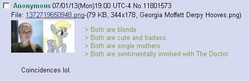 Size: 494x162 | Tagged: safe, derpy hooves, g4, 4chan, 4chan screencap, doctor who, georgia moffett, greentext, mind blown, mind screw, text, thread