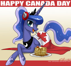 Size: 900x827 | Tagged: safe, artist:johnjoseco, princess luna, alicorn, pony, gamer luna, g4, butter, canada, canada day, crossed hooves, crossed legs, female, flag, food, gradient background, headset, looking at you, mare, open mouth, open smile, pancakes, prone, smiling, smiling at you, solo, syrup