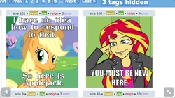 Size: 1136x640 | Tagged: safe, applejack, sunset shimmer, earth pony, pony, derpibooru, equestria girls, g4, condescending sunset, condescending wonka, exploitable meme, female, image macro, juxtaposition, juxtaposition fail, juxtaposition win, mare, meme, meta, roald dahl, willy wonka and the chocolate factory, you must be new here