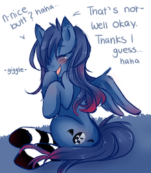 Size: 1280x1461 | Tagged: safe, artist:ask-aki-pony, oc, oc only, pegasus, pony, aki, blushing, clothes, crying, laughing, socks, solo, striped socks