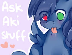 Size: 1280x983 | Tagged: safe, artist:ask-aki-pony, oc, oc only, pegasus, pony, aki, chest fluff, drool, heart, heterochromia, licking, solo, tongue out