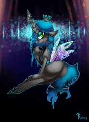 Size: 3100x4245 | Tagged: dead source, safe, artist:kaliptro, queen chrysalis, changeling, changeling queen, g4, bugbutt, butt, female, looking at you, plot, solo