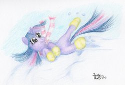 Size: 1081x739 | Tagged: safe, artist:kuroitsubasatenshi, twilight sparkle, g4, boots, clothes, colored, female, rolling, saddle, scarf, snow, solo, traditional art, winter