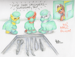 Size: 1029x776 | Tagged: safe, artist:kuroitsubasatenshi, apple bloom, applejack, scootaloo, sweetie belle, g4, cutie mark crusaders, remake, surgeon, this will end in tears, traditional art