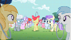 Size: 360x203 | Tagged: safe, screencap, alula, apple bloom, cotton cloudy, diamond tiara, noi, pluto, ruby pinch, shady daze, silver spoon, snails, snips, twist, earth pony, pegasus, pony, unicorn, g4, the cutie pox, animated, blushing, colt, fake cutie mark, female, filly, loop-de-hoop, male, mouth hold, shipping fuel