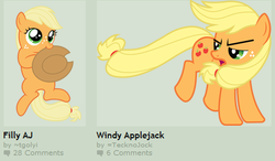 Size: 437x255 | Tagged: safe, applejack, g4, deviantart, exploitable meme, filly, hat, juxtaposition, juxtaposition win, meme, meta