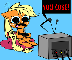 Size: 1280x1071 | Tagged: safe, artist:mushroomcookiebear, applejack, g4, female, hatless, missing accessory, sad, sitting, solo, television, video game