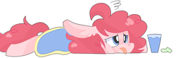 Size: 859x281 | Tagged: safe, artist:sunomii, pinkie pie, earth pony, pony, g4, aspirin, blanket, dizzy, female, glass, headache, painkiller, painkillers, solo, tongue out, water