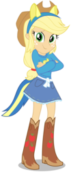 Size: 5000x12000 | Tagged: safe, artist:caliazian, applejack, equestria girls, g4, my little pony equestria girls, absurd resolution, boots, canterlot high, clothes, collar, cowboy boots, cowboy hat, crossed arms, denim skirt, fake tail, female, freckles, hat, helping twilight win the crown, high heel boots, looking at you, school spirit, shirt, shoes, simple background, skirt, solo, teenager, transparent background, vector, wondercolts, wondercolts uniform