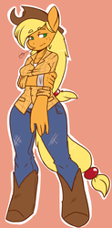 Size: 941x1920 | Tagged: safe, artist:slipe, applejack, earth pony, anthro, unguligrade anthro, g4, boots, clothes, female, hat, hoof boots, jeans, pants, shirt, solo