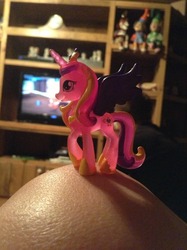 Size: 956x1280 | Tagged: safe, princess cadance, alicorn, pony, g4, blind bag, irl, knee, photo, smiling, solo, spread wings, toy