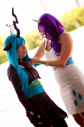 Size: 1277x1920 | Tagged: safe, artist:canhardlyfly, artist:hybridrain, artist:thestormypetrelofcosplay, queen chrysalis, rarity, human, g4, anime expo, anime expo 2013, cosplay, irl, irl human, photo