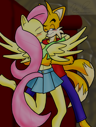 Size: 1249x1652 | Tagged: safe, artist:sonigoku, fluttershy, anthro, g4, blushing, commission, crossover, crossover shipping, female, fluttertails, interspecies, kissing, love, male, miles "tails" prower, shipping, sonic the hedgehog (series), straight