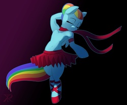 Size: 1119x921 | Tagged: safe, artist:grissaecrim, rainbow dash, pegasus, pony, g4, abstract background, alternate hairstyle, ballerina, ballet, belly button, bipedal, clothes, eyes closed, female, mare, rainbow dash always dresses in style, rainbowrina, solo, tutu