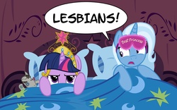 Size: 1200x748 | Tagged: safe, artist:pixelkitties, smarty pants, trixie, twilight sparkle, alicorn, pony, g4, bed, big crown thingy, female, lesbian, mare, ship:twixie, shipping, sleep mask, twilight sparkle (alicorn)