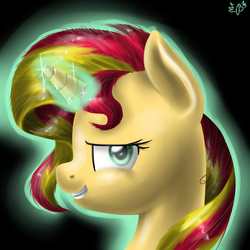 Size: 2000x2000 | Tagged: safe, artist:budgieflitter, sunset shimmer, pony, unicorn, g4, bust, female, grin, looking at you, magic, portrait, solo