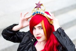 Size: 640x427 | Tagged: safe, artist:lochlan o'neil, sunset shimmer, human, equestria girls, g4, my little pony equestria girls, big crown thingy, cosplay, element of magic, irl, irl human, photo, solo