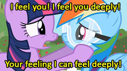 Size: 854x480 | Tagged: safe, edit, screencap, rainbow dash, twilight sparkle, g4, lesson zero, duwang, feels, female, image macro, jojo's bizarre adventure, lesbian, ship:twidash