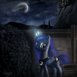 Size: 1152x1152 | Tagged: safe, artist:turbopower1000, princess luna, alicorn, pony, g4, blinds, canterlot, cloud, cloudy, female, hoers, moon, night, solo