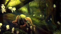 Size: 1853x1042 | Tagged: safe, artist:cherivinca, fluttershy, g4, crepuscular rays, forest, kodama, princess mononoke