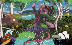 Size: 3144x2000 | Tagged: safe, artist:auroriia, pinkie pie, g4, clothes, floating, forest, skirt