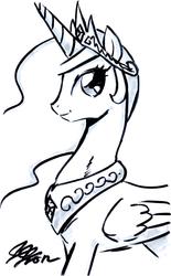Size: 1482x2385 | Tagged: safe, artist:johnjoseco, princess celestia, alicorn, pony, g4, ethereal mane, female, folded wings, grayscale, horn, mare, monochrome, signature, simple background, solo, white background, wings