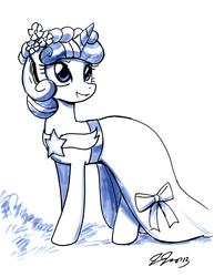 Size: 2550x3300 | Tagged: safe, artist:johnjoseco, twilight sparkle, pony, unicorn, g4, alternate hairstyle, bridesmaid dress, clothes, dress, female, flower, flower in hair, grass, mare, monochrome, signature, simple background, solo, unicorn twilight, white background