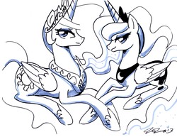 Size: 3300x2550 | Tagged: safe, artist:johnjoseco, princess celestia, princess luna, g4, monochrome